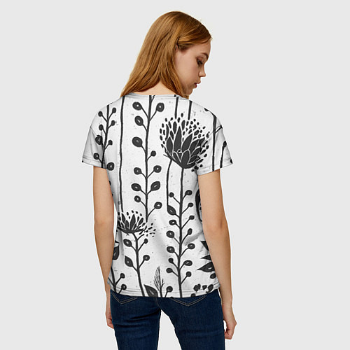 Женская футболка Нарисованные монохромные цветы / 3D-принт – фото 4