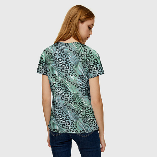 Женская футболка Листья пальмы на леопардовом серо - зеленом фоне / 3D-принт – фото 4