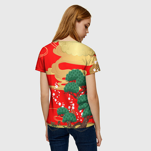 Женская футболка Японский пейзаж на красном / 3D-принт – фото 4