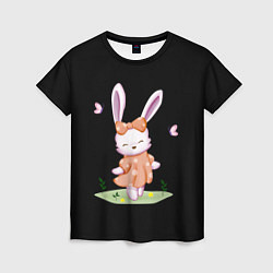 Женская футболка Крольчонок С Бантиком На Чёрном Фоне