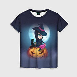 Женская футболка Маленькая прикольная ведьмочка с милым котёнком