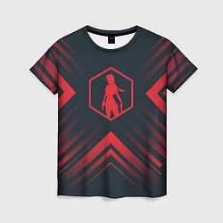Женская футболка Красный символ Tomb Raider на темном фоне со стрел