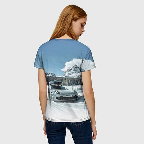 Женская футболка Porsche on a mountain winter road / 3D-принт – фото 4