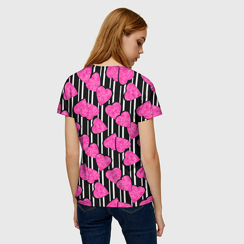 Женская футболка Малиновые мраморные сердца на полосатом черно фоне / 3D-принт – фото 4