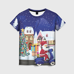 Женская футболка Дед Мороз едет на скутере с подарками в Новогоднюю