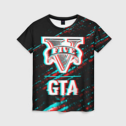 Женская футболка GTA в стиле glitch и баги графики на темном фоне