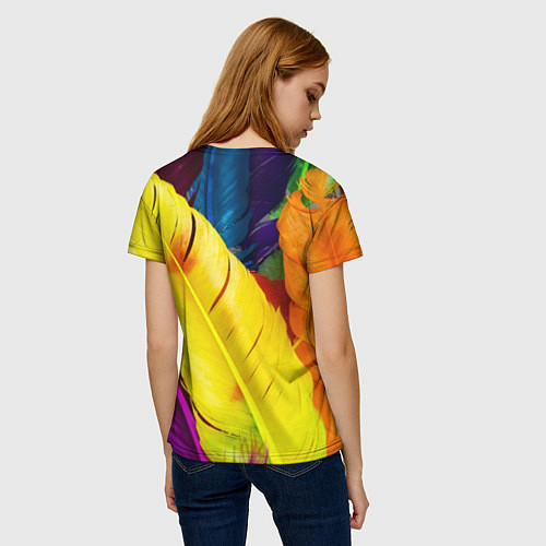Женская футболка Разноцветные перья птиц / 3D-принт – фото 4