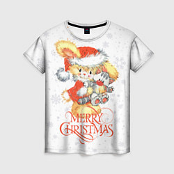 Женская футболка Cute rabbit with kitten, merry Christmas