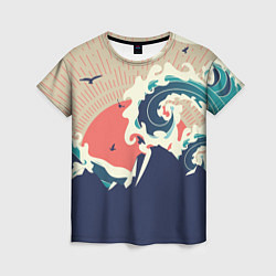 Женская футболка Большая океанская волна и силуэт пустынного остров