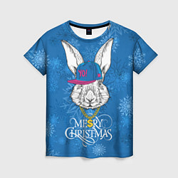 Женская футболка Merry Christmas, rabbit in cap