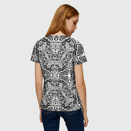 Женская футболка Черно-белый ажурный кружевной узор / 3D-принт – фото 4