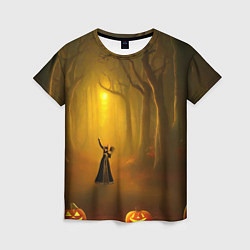 Женская футболка Ведьма в черном платье в заколдованном лесу с тыкв