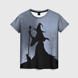 Женская футболка Halloween - силуэт ведьмы с котом