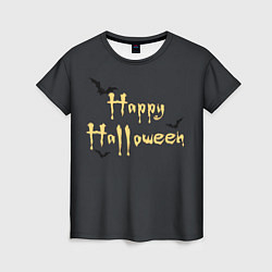 Женская футболка Happy Halloween надпись с летучими мышами