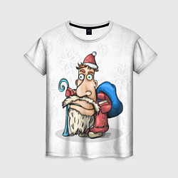 Женская футболка Дед Мороз спешит с подарками на фоне снежинок