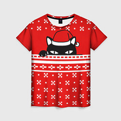 Женская футболка Выглядывающий котик - красный свитер