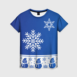 Женская футболка Снеговики в снежинках синие