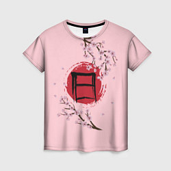 Женская футболка Цветущая сакура с иероглифом cолнце