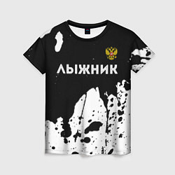 Женская футболка Лыжник из России и герб РФ: символ сверху