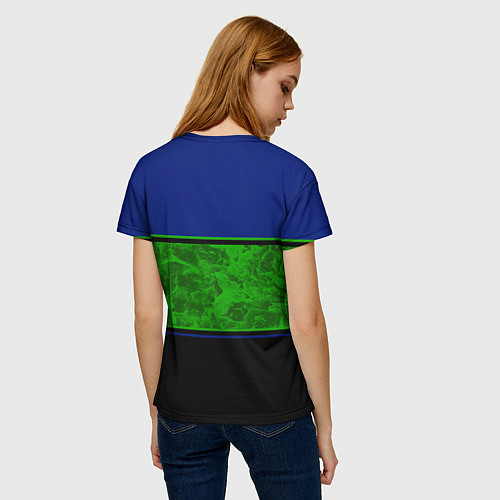 Женская футболка Синие, неоновые зеленые мраморные и черные полосы / 3D-принт – фото 4