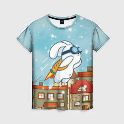 Женская футболка Заяц летит на морковке