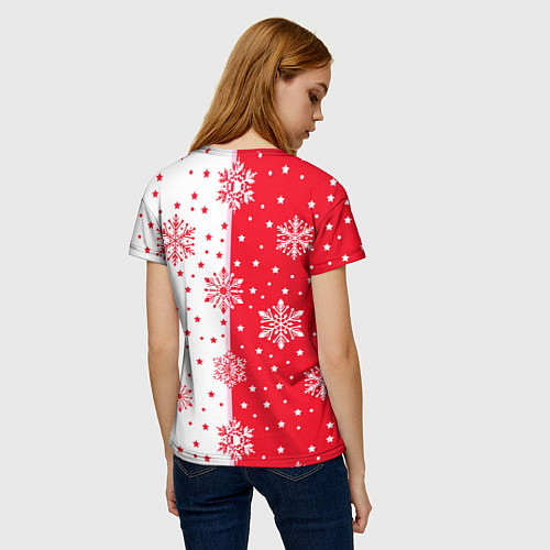 Женская футболка Рождественские снежинки на красно-белом фоне / 3D-принт – фото 4