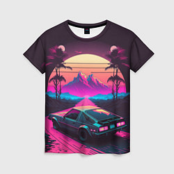 Женская футболка Synthwave car and mountains