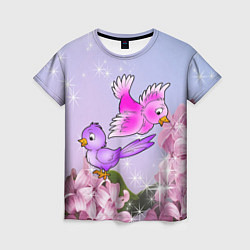 Женская футболка Две пташки на цветочном фоне