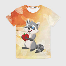 Футболка женская Енот держит красное яблоко, цвет: 3D-принт