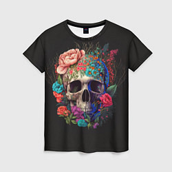 Женская футболка Череп украшенный цветами