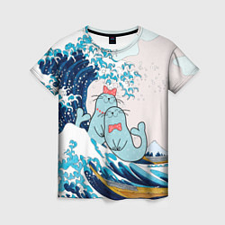 Женская футболка Влюбленные тюлени у большой волны Канагава