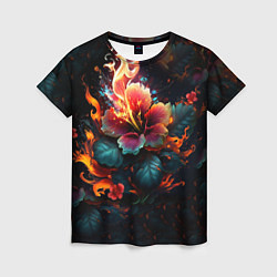 Женская футболка Огненный цветок на темном фоне