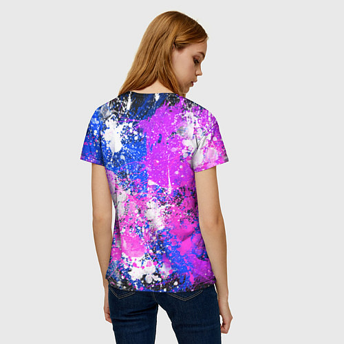 Женская футболка Разбрызганная фиолетовая краска - темный фон / 3D-принт – фото 4