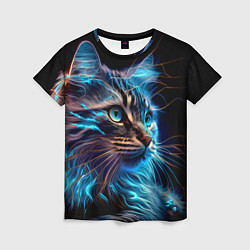 Женская футболка Неоновый кот искрящий молниями