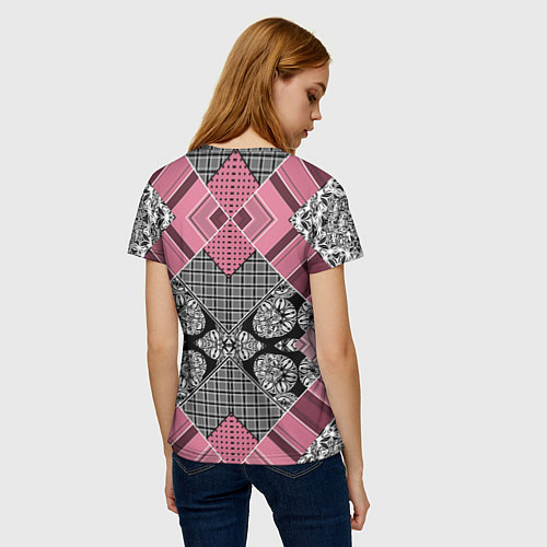 Женская футболка Геометрический розово-черный с белым узор / 3D-принт – фото 4