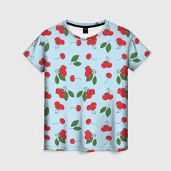 Женская футболка Узор из ягод вишни на голубом фоне