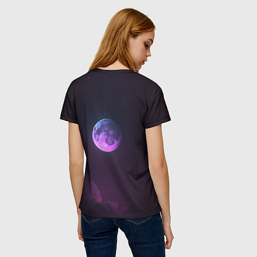 Женская футболка Неоновый котик и луна / 3D-принт – фото 4