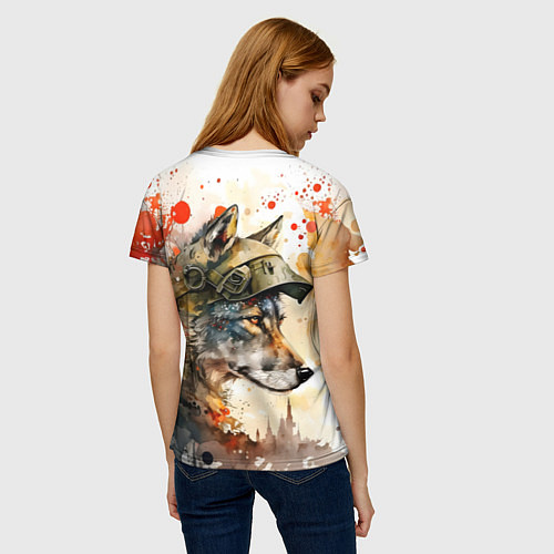 Женская футболка Акварельный волк солдат / 3D-принт – фото 4
