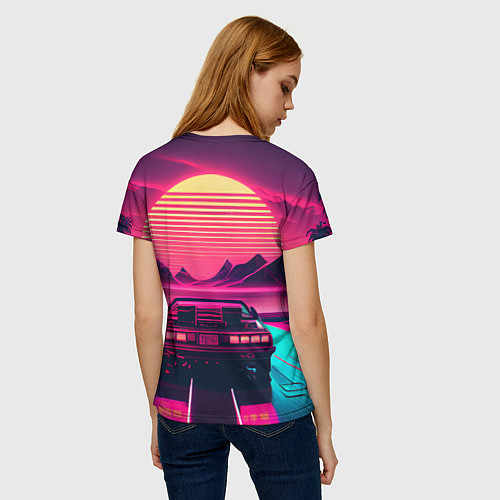 Женская футболка Синтвейв закат и автомобиль / 3D-принт – фото 4