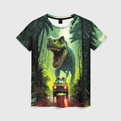 Женская футболка Динозавр в погоне за машиной в джунглях