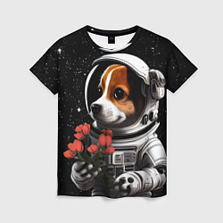 Женская футболка Щенок космонавт с тюльпанами