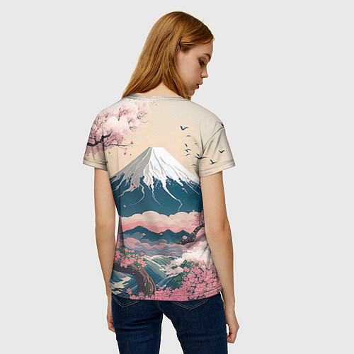 Женская футболка Японский пейзаж: цветение сакуры у горы Фудзияма / 3D-принт – фото 4