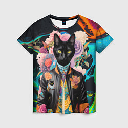 Женская футболка Модный чёрный кот - нейросеть - мода