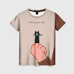 Женская футболка Котик с ножиком и средний палец - текстура холста