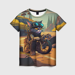 Женская футболка Кот на мотоцикле - байкер