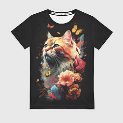 Женская футболка Рыжий кот в цветах