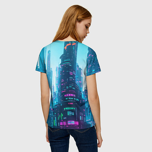 Женская футболка Девушка в стиле киберпанк на фоне неонового города / 3D-принт – фото 4