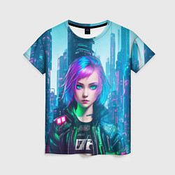Женская футболка Девушка в стиле киберпанк на фоне неонового города