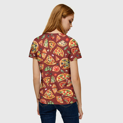 Женская футболка Кусочки пиццы ассорти - акварельный паттерн / 3D-принт – фото 4