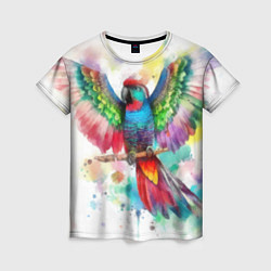 Женская футболка Разноцветный акварельный попугай с расправленными